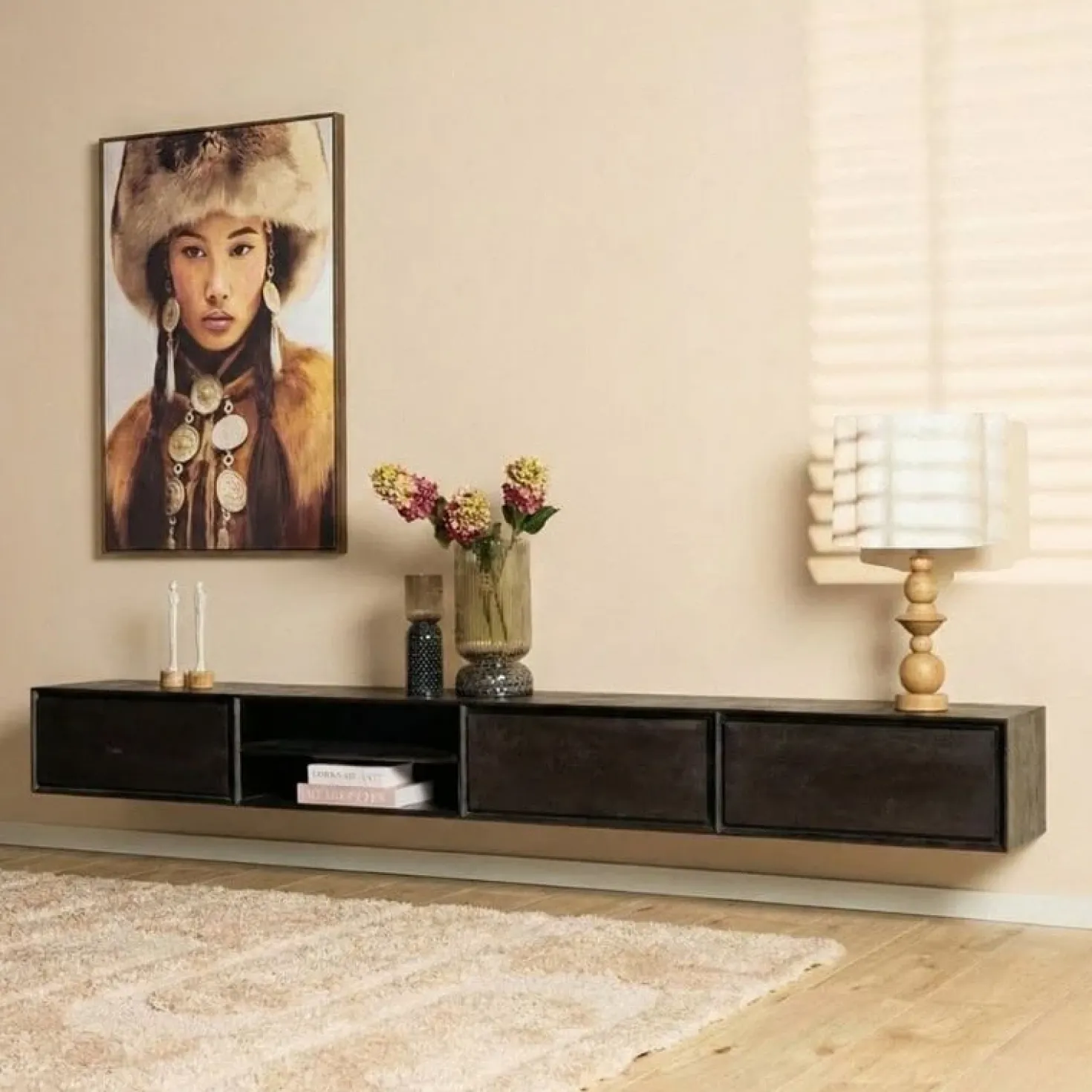 Tony Zwevend Tv meubel Zwart Mangohout 280 cm