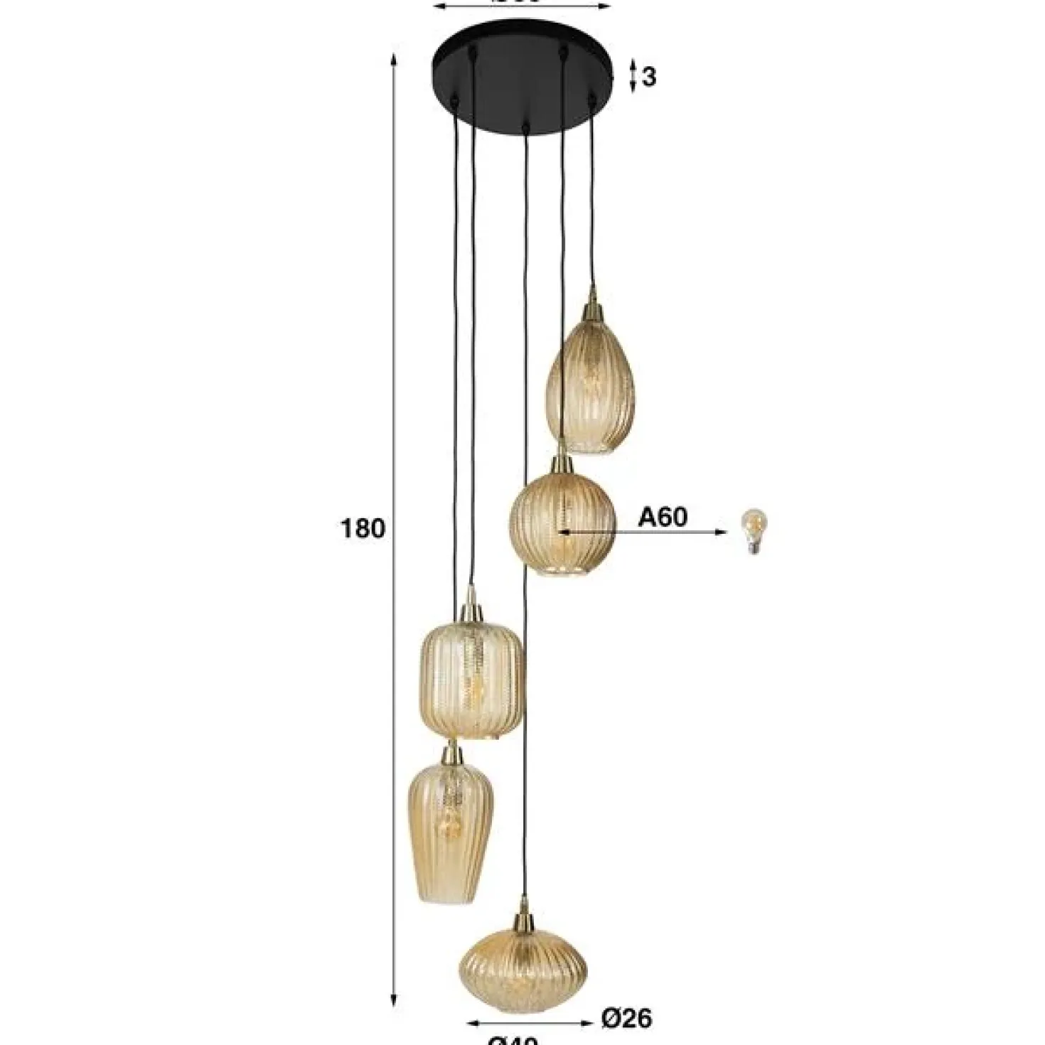 Tristan 5-lichts Hanglamp Amberkleurig glas