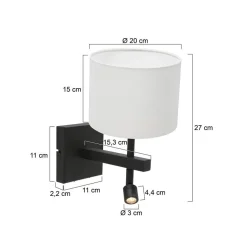 Wilco 2-lichts Wandlamp Zwart met Wit Linnen kap