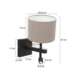 Wilco 2-lichts Wandlamp Zwart met Grijs Linnen kap