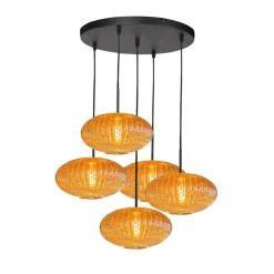Zavi 5-lichts Getrapte Hanglamp Geribbeld Amberglas