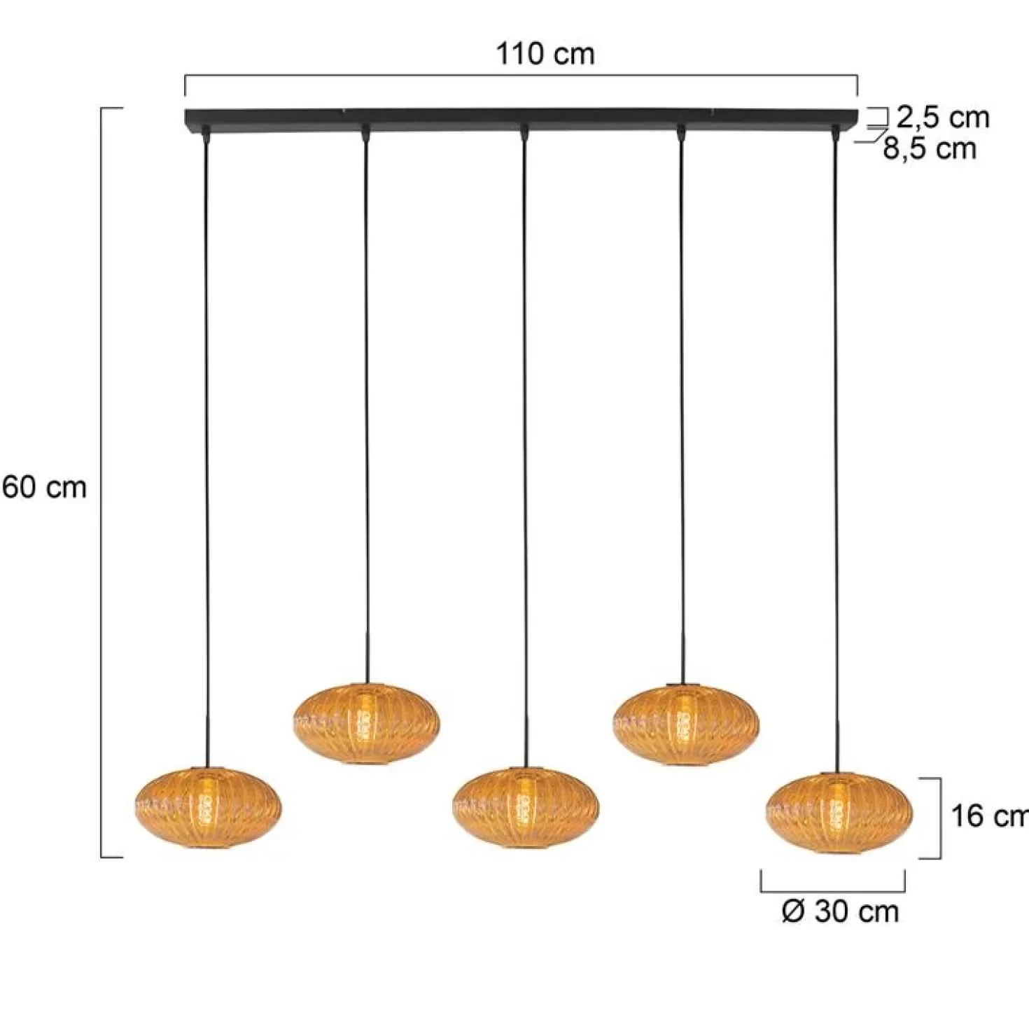 Zavi 5-lichts Hanglamp Geribbeld Amberglas