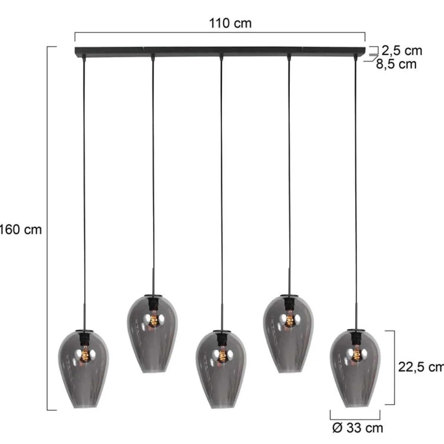 Zavi 5-lichts Hanglamp XL Smoke Langwerpig