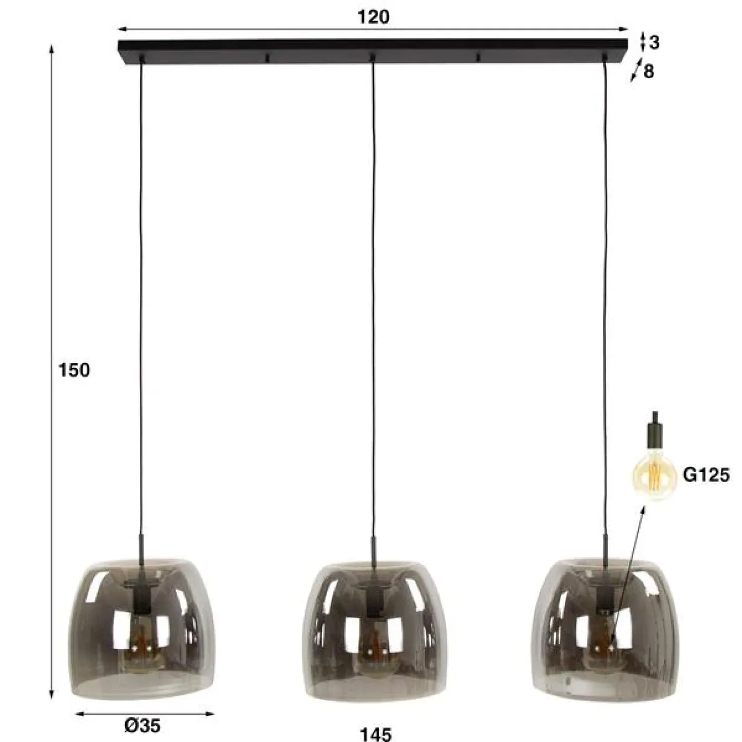 Zeldana 3-lichts Hanglamp Smoke glas